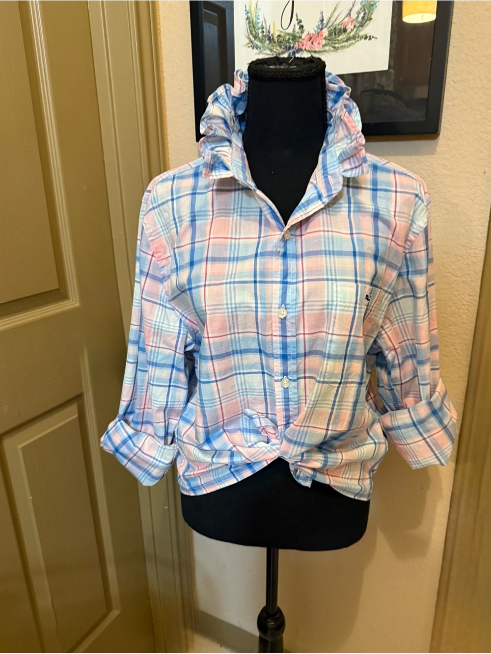 Upcycled Vineyard Vines Light Blue & Pink Plaid Button-Up Shirt -Size M